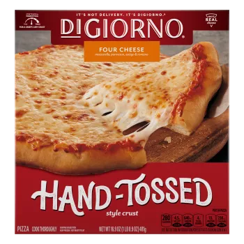 Box of DiGiorno Hand-Tossed Four Cheese Pizza with pizza on a cutting board & a metal spatula and the Hand-Tossed Style logo.
