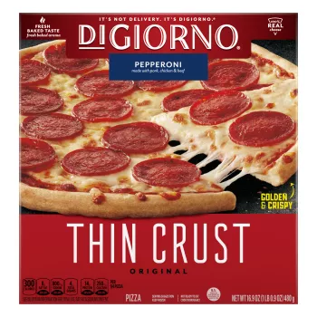 Red box with center-aligned product labels showing DIGIORNO Original Thin Crust Pepperoni Pizza with slice being pulled away