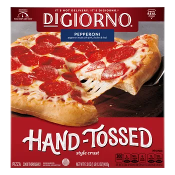 Box of DiGiorno Hand-Tossed Pepperoni Pizza with pizza on cutting board with a Hand-Tossed Style Crust logo.