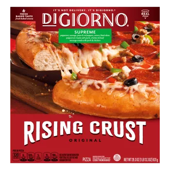 Box of DiGiorno Rising Crust Supreme pizza with a slice on a cutting board and the Rising Crust logo.