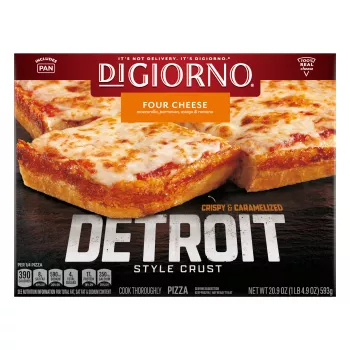 Box of DiGiorno Detroit Style Crust Four Cheese Pizza with a Crispy and Caramelized badge.