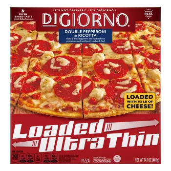 Front Center view of DiGiorno Loaded Ultra Thin Double Pepperoni and Cheese 11in Frozen Pizza 14.1oz NET WT 14.1 oz (401 g) product.