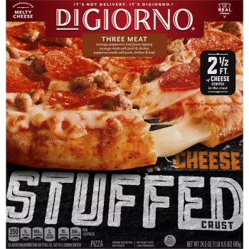Box of DiGiorno Stuffed Crust Three Meat Pizza cheese stretching from pizza crust and Stuffed Crust labels.