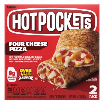 Box of Four Cheese Pizza Hot Pockets® with the product name, image and a “2 Pack” label in the bottom right corner.