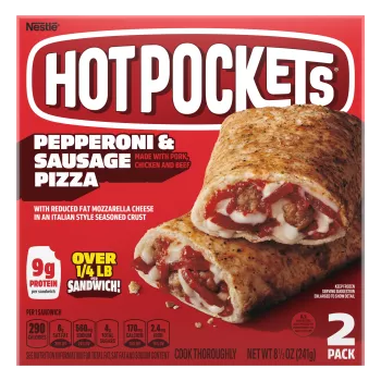 Box of Hot Pockets Hot Ones™ hot habanero pepperoni & sausage with Hot Ones and Los Calientes Rojo heat level medium logos