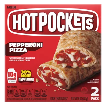 Box of Pepperoni Pizza Hot Pockets® with the product name, image, and a “2 Pack” label in the bottom right corner.