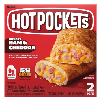 Box of Hickory Ham & Cheddar Hot Pockets® with the product name, product image, and a “2 Pack” label in the corner.