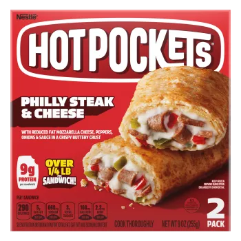 Box of Philly Steak & Cheese Hot Pockets® with crust stuffed with melty cheese and meat and a “2 Pack” label in the corner.