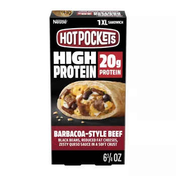 Front Center view of NESTLE HOT POCKETS Frozen Snack Protein Steak 6.75oz Box NET WT 6 3/4 oz (191 g) product.