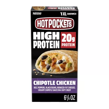 Front Center view of NESTLE HOT POCKETS Frozen Snack Protein Chicken 6.75oz Box NET WT 6 3/4 oz (191 g) product.