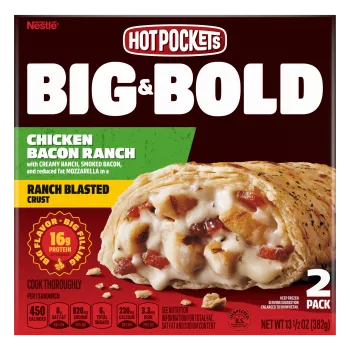 Box of Chicken Bacon Ranch Hot Pockets® with the product name, image, Big & Bold label and a “2 Pack” label in the corner.
