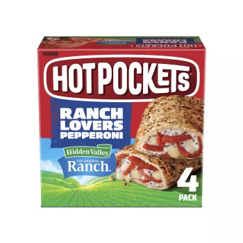 Front Center view of Hot Pockets Hidden Valley Ranch Ranch Lovers Pepperoni 4PK Frozen Sandwiches 17oz NET WT 17 oz (1 lb 1 oz) 481 g product.