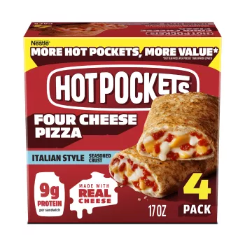 Front Center view of NESTLE HOT POCKETS Four Cheese Pizza 17oz NET WT 17 OZ (1LB 1 OZ) 481g product.