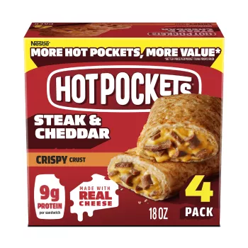 Front Center view of NESTLE HOT POCKETS Crispy Crust Steak and Cheddar 4 pack product.