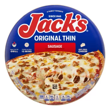 A package of sausage pizza with a red label, a spatula lifting a pizza slice, and the Jack's logo on a blue background.
