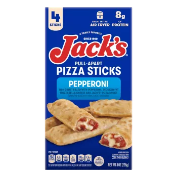 Package of Jack's Pepperoni Pull-Apart Pizza Sticks with 4 pizza sticks and great in air fryer & 8 grams of protein badges