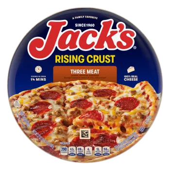 A package of three meat pizza with a dark orange label, a spatula under a pizza, and the Jack's logo on a blue background.