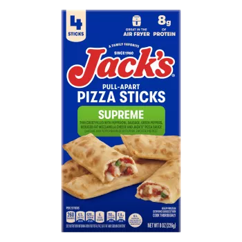 Package of Jack's Supreme Pull-Apart Pizza Sticks with 4 pizza sticks and great in the air fryer & 8 grams of protein badges
