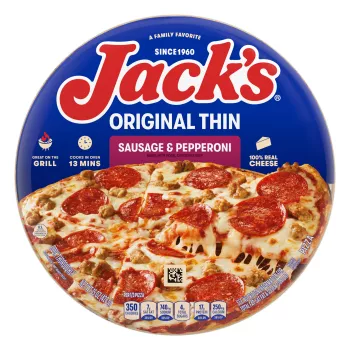 Package of sausage & pepperoni pizza with a purple label, a spatula under a pizza, and the Jack's logo on a blue background.