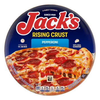 Un empaque de pizza de pepperoni con una etiqueta azul, una espátula que levanta una porción de pizza y el logotipo de Jack's sobre un fondo azul.