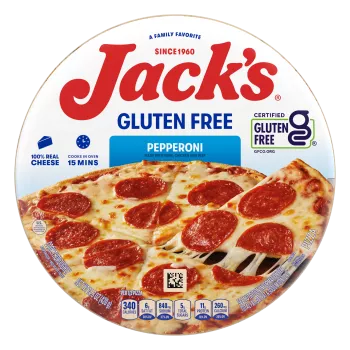 Imagen frontal centrada de una caja de pizza congelada Jack's de 12 in con pepperoni y masa sin gluten de 14.8 oz.