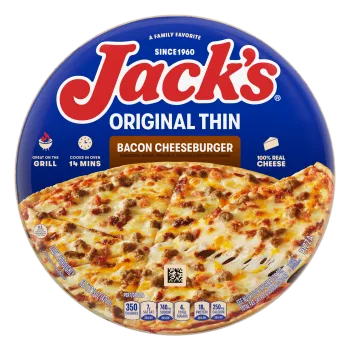 Front Center view of JACK'S Original Thin Bacon Cheeseburger Frozen Pizza 15oz Pack NET WT 15 oz (426 g) product.