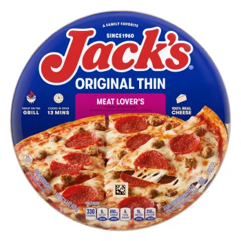 A package of meat lover's pizza with a purple label, a spatula under a pizza, and the Jack's logo on a tan background.