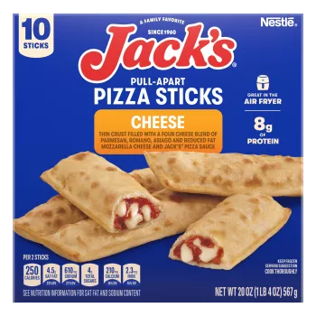 Package of Jack’s cheese pull-apart pizza sticks with pizza sticks and Great in the Air Flyer and 8g of protein badges.