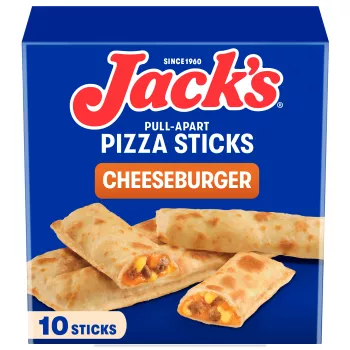 Front Center view of Jacks Pull-Apart Pizza Sticks Cheeseburger 20 oz 10 Sticks Box product.