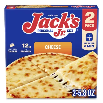 Front Center view of JACKS Frozen 7" Cheese Pizza 2x5.8oz Box 2- 5.8 oz (165 g) PIZZAS NET WT 11.6 oz (330 g) product.