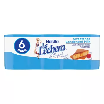 Six plastic wrapped cans of La Lechera Sweetened Condensed Milk featuring the logo and an image of a can on the plastic wrap.