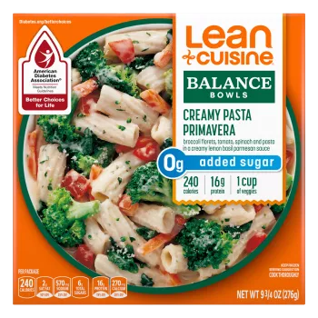 Box of Creamy Pasta Primavera showing prepared product in a bowl, a Balance Bowls label, and a Meets Nutrition Guidelines for American Diabetes Association Better Choices for Life badge.