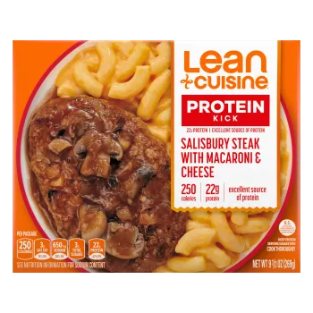 Caja de Salisbury Steak with Macaroni & Cheese con una etiqueta de Protein Kick y un letrero de 22 g de proteína.