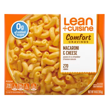 Box of Macaroni and Cheese with a Comfort Cravings label near a bowl of macaroni & cheese and a 0g of added sugar badge.