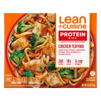 A box of Chicken Teriyaki with Protein Kick label with 260 calories, 18 grams of protein and half cup of veggies near a bowl of noodles with teriyaki chicken and vegetables.