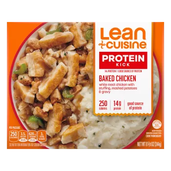A box of Baked Chicken with a Protein Kick label near a bowl of diced chicken tossed in stuffing with mashed potatoes.