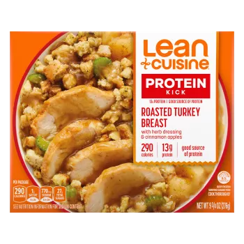 A box of Roasted Turkey Breast with a Protein Kicks label near a bowl of sliced turkey, apples, and dressing.