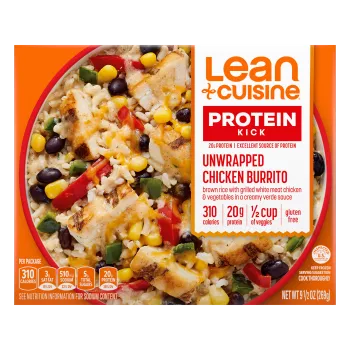 A box of Unwrapped Chicken Burrito with Protein Kick label with 310 calories, 20 grams of protein, half cup of veggies and gluten near a bowl of rice, chicken, beans and peppers and corn.
