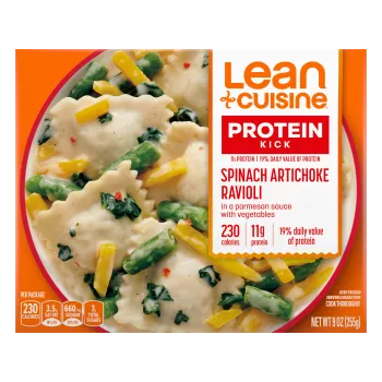A box of Spinach Artichoke Ravioli with the Protein Kick label beside near a bowl of artichoke and cheese ravioli.
