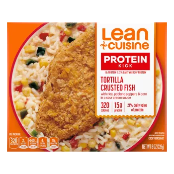 A box of Tortilla Crusted Fish with a Protein Kick label near a bowl of tortilla crusted fish, corn, peppers and rice.
