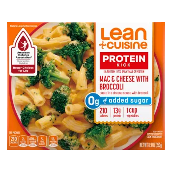 Vista frontal centrada de caja Lean Cuisine Macaroni and Cheese with Broccoli Frozen Entrée de 8.9oz/PESO NETO 8.9oz (253g).