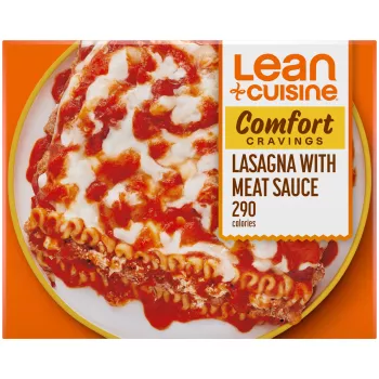 A box of Lasagna with Meat Sauce with a Comfort Cravings label near a bowl of lasagna with seasoned meat, tomato and mozzarella.