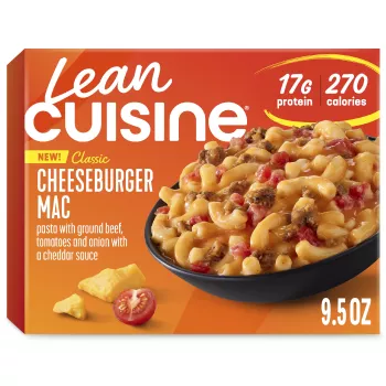 Vista frontal centrada de caja de 9.5 oz (269 g) de comida congelada de cazuela de hamburguesa con queso de LEAN CUISINE.