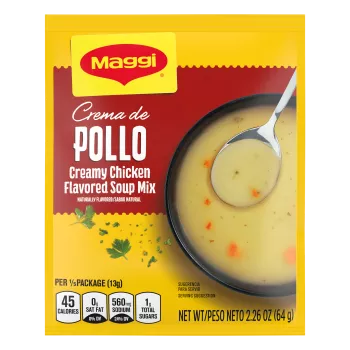 Creamy Chicken Soup mix with a spoon, bowl of creamy soup and carrots, a whole chicken, and onion near a yellow label.
