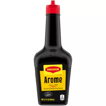 Front view of packaging for MAGGI Arôme Seasoning 800ml with a bright yellow label that reads Arôme.