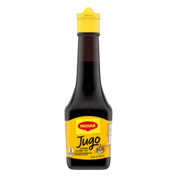 Package of MAGGI Jugo Seasoning Sauce with a bright yellow label with illustration of sautee pan.