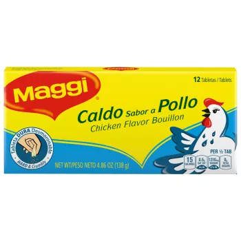 Package of Chicken Bouillon Tablets with an illustrated chicken on light blue and yellow label.