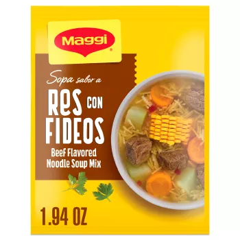 Yellow packet with Maggi logo and brown label on left side. Large pot of beef noodle soup sits to the right of the labels.
