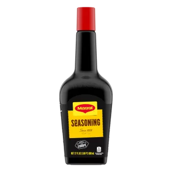 Package of MAGGI Liquid European Seasoning with bright yellow and red label and imported from Europe badge.