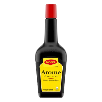 Foto con vista del frente de un envase de Sazonador Arôme MAGGI de 800 ml con una etiqueta amarilla brillante que lee Arôme.